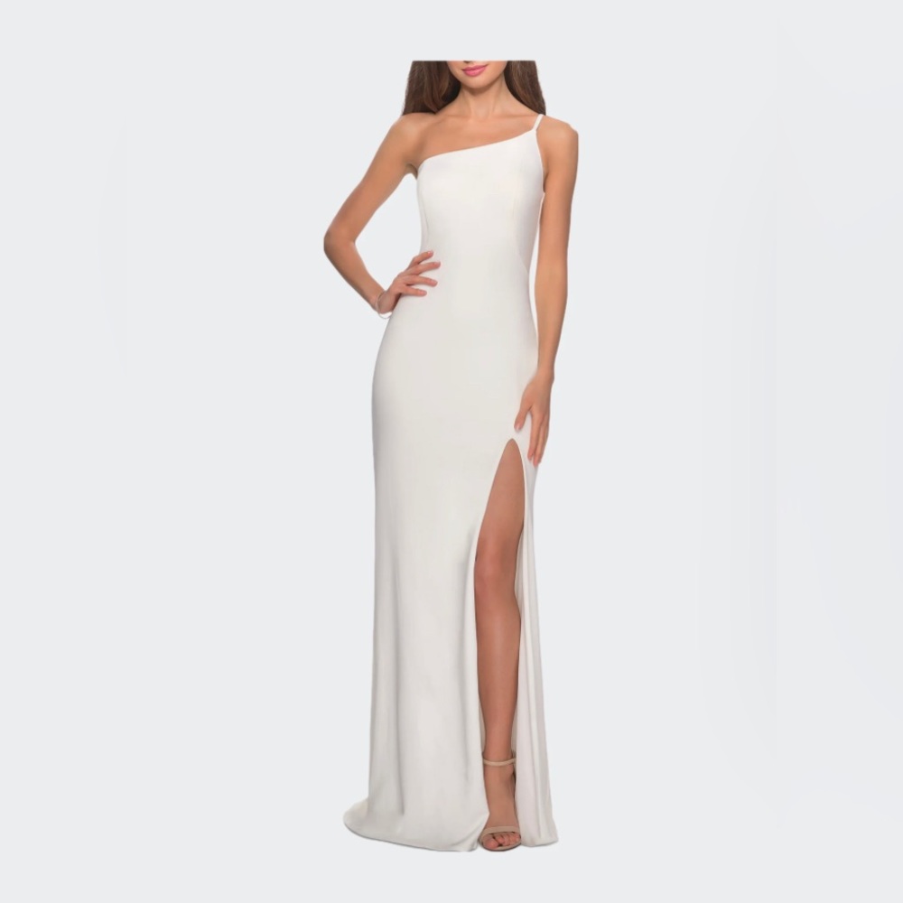 La Femme 2 One Shoulder Long Jersey White Dress